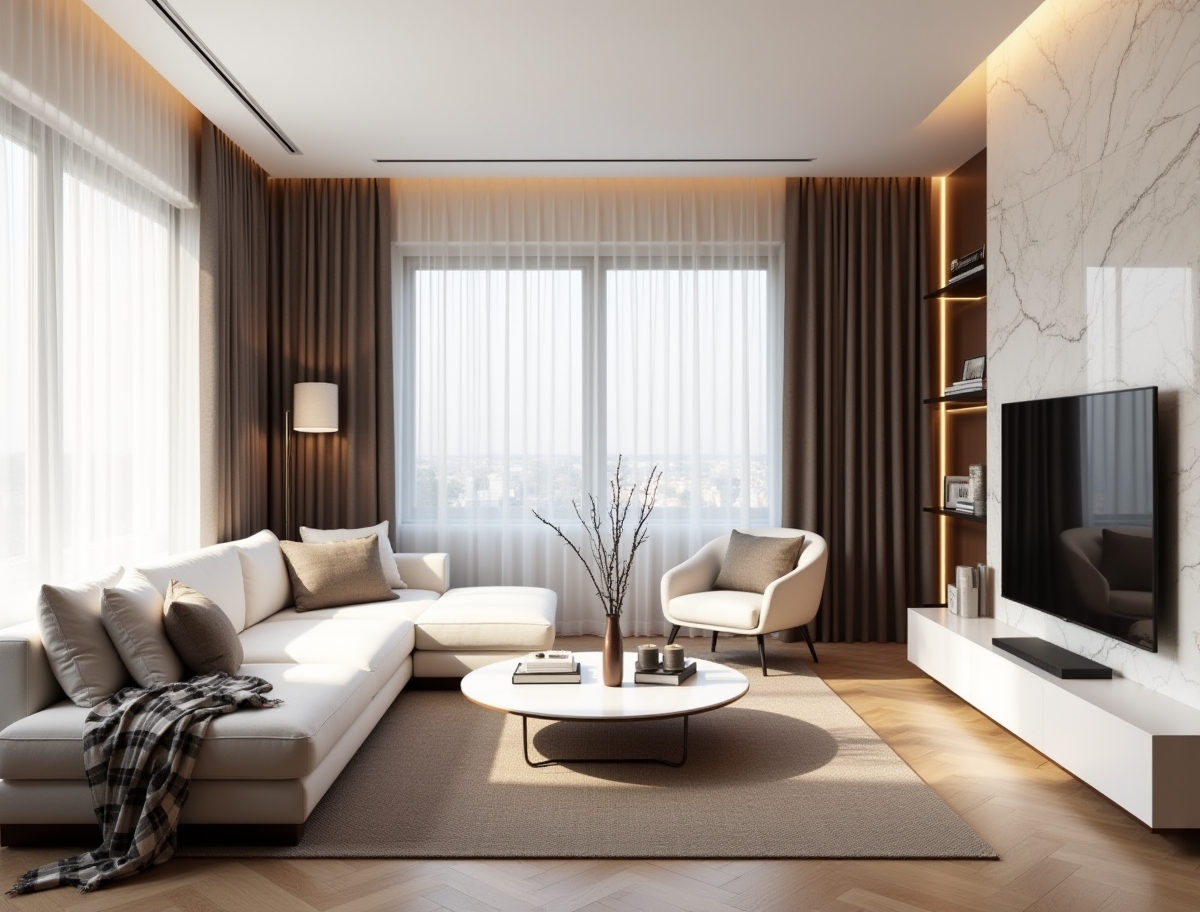 Современная гостиная с минималистичным дизайном и мраморной отделкой